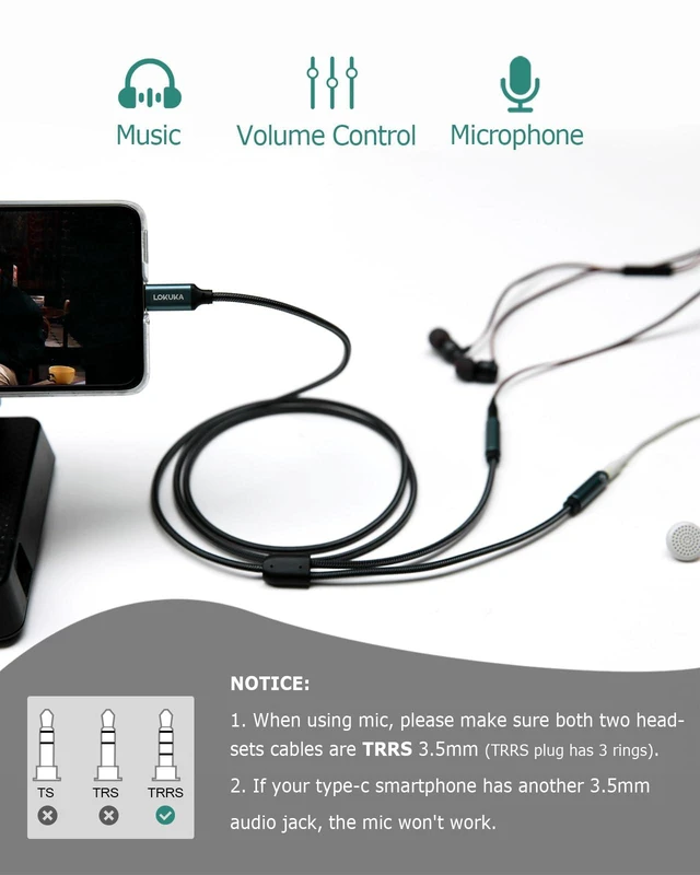 Alt view image 2 of 7 - USB C to Dual 3.5mm Headphone Splitter (4 Feet) Type C to AUX TRRS Audio Adapter with Hi-Res DAC Chip, for USB-C Smartphone, Laptop, Pad to Two Headphones, Speakers, TRRS Microphones