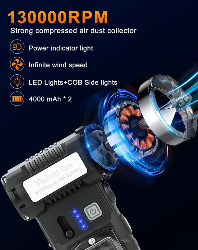 Alt view image 2 of 7 - 130000RPM Compressed Air Duster, Rechargeable Electric Air Duster 2-Gear Adjustable Mini Blower, Electric Air Blower with LED Light, Dust Blower for Keyboard, PC Vents, Car Interiors