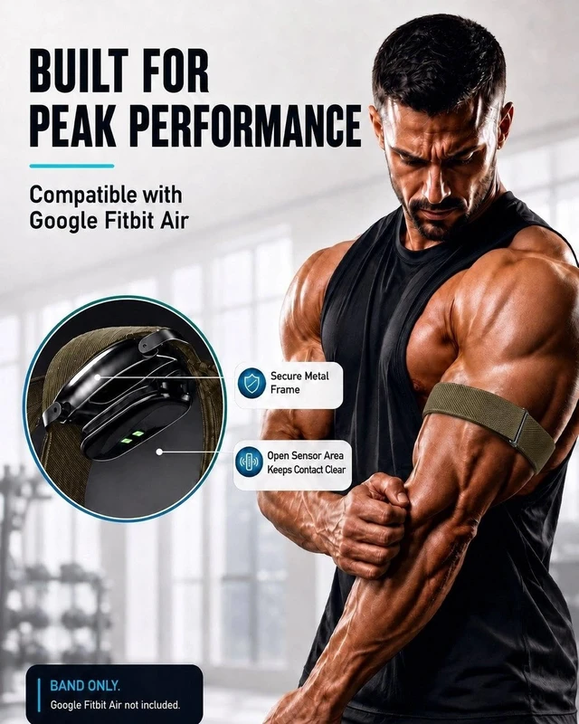 Alt view image 2 of 7 - Nylon Bicep Bands Compatible with Google Fitbit Air, Army Green 9.84"15.75" with Stretch Nylon, Magnetic Buckle and Breathable Comfort for a Secure Upper Arm Fit, Integrated Metal Frame