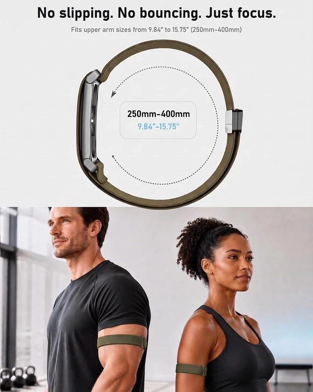 Alt view image 6 of 7 - Nylon Bicep Bands Compatible with Google Fitbit Air, Army Green 9.84"15.75" with Stretch Nylon, Magnetic Buckle and Breathable Comfort for a Secure Upper Arm Fit, Integrated Metal Frame