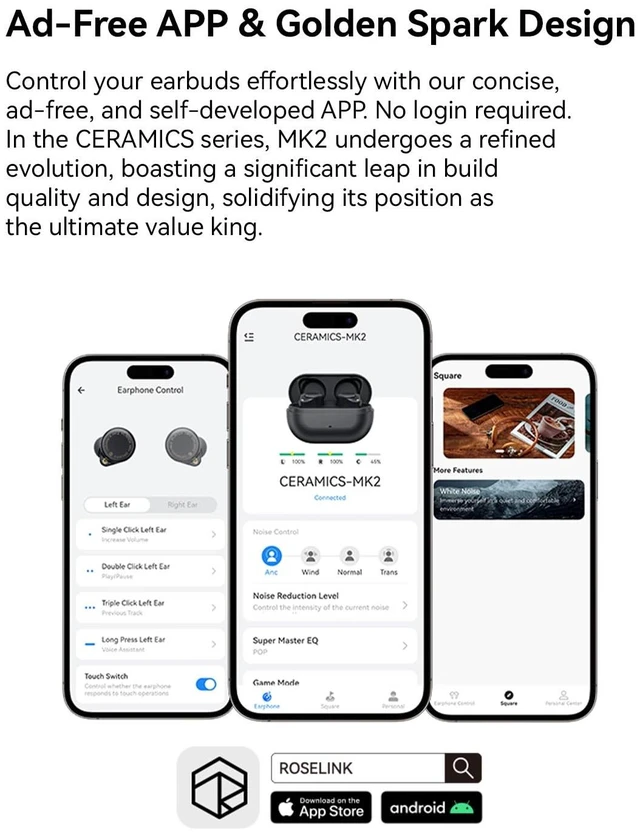 Alt view image 4 of 7 - CERAMICS MK2 True Wireless Earbuds, 40dB Active Noise Cancelling Earphones, Bluetooth 6.0, Hi-Res LDAC, IPX4 Sweat Resistant, 45H Playtime, HD Mics, Game Mode, Dual Connectivity (Oyster White)