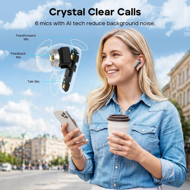 Alt view image 3 of 7 - FlyBuds C3 Noise Cancelling Wireless Earbuds, 6-Mic Clear Calls Bluetooth 6.0, Deep Bass Sound, 35H Playtime, IP55 Waterproof, Custom EQ via App, Lightweight, Comfortable Fit, Sports, Black