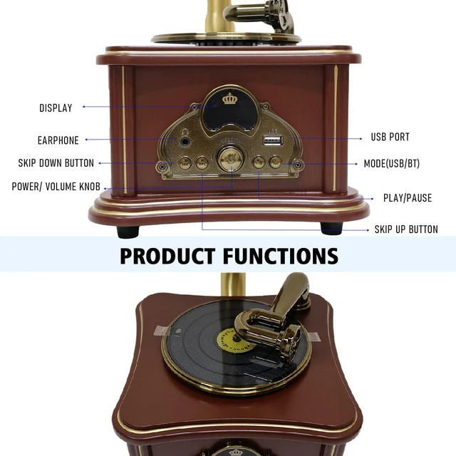 Alt view image 2 of 7 - Brown Vintage Gramophone Recorder, Decorative Turntable with BT/USB Headphone Connection, HiFi, Handcrafted by Pure OakGreat for Music Player, Home Decor, Retro Collection/Classic Gift (RT-132)