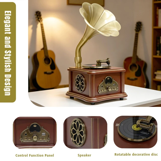 Alt view image 3 of 7 - Brown Vintage Gramophone Recorder, Decorative Turntable with BT/USB Headphone Connection, HiFi, Handcrafted by Pure OakGreat for Music Player, Home Decor, Retro Collection/Classic Gift (RT-132)