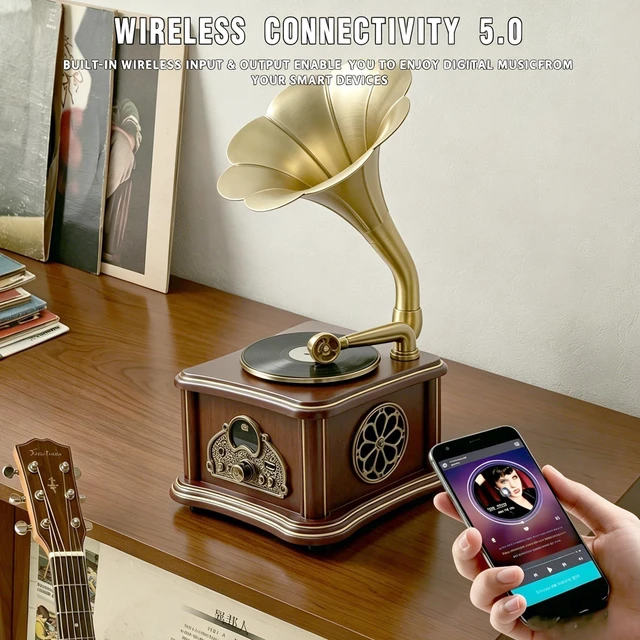 Alt view image 4 of 7 - Brown Vintage Gramophone Recorder, Decorative Turntable with BT/USB Headphone Connection, HiFi, Handcrafted by Pure OakGreat for Music Player, Home Decor, Retro Collection/Classic Gift (RT-132)