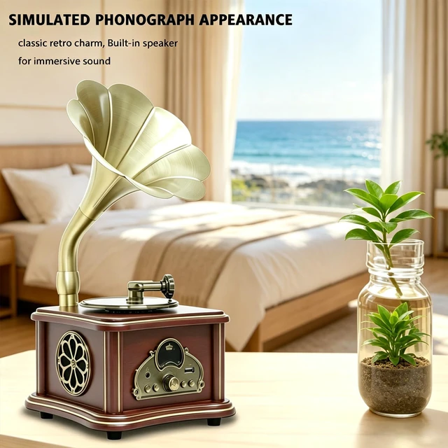 Alt view image 5 of 7 - Brown Vintage Gramophone Recorder, Decorative Turntable with BT/USB Headphone Connection, HiFi, Handcrafted by Pure OakGreat for Music Player, Home Decor, Retro Collection/Classic Gift (RT-132)