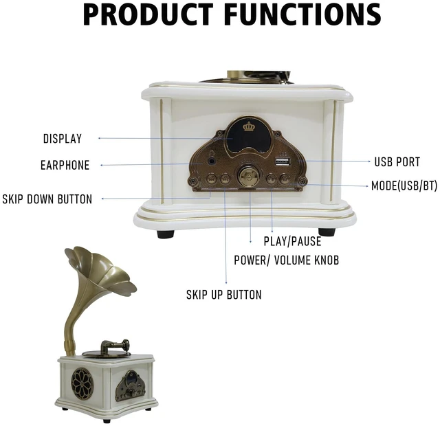 Alt view image 2 of 7 - White Vintage Gramophone Recorder, Decorative Turntable with BT/USB Headphone Connection, HiFi, Handcrafted by Pure OakGreat for Music Player, Home Decor, Retro Collection/Classic Gift (RT-132)