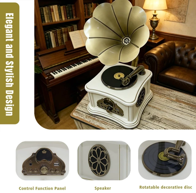 Alt view image 4 of 7 - White Vintage Gramophone Recorder, Decorative Turntable with BT/USB Headphone Connection, HiFi, Handcrafted by Pure OakGreat for Music Player, Home Decor, Retro Collection/Classic Gift (RT-132)