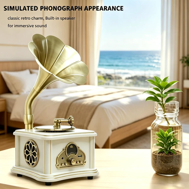 Alt view image 3 of 7 - White Vintage Gramophone Recorder, Decorative Turntable with BT/USB Headphone Connection, HiFi, Handcrafted by Pure OakGreat for Music Player, Home Decor, Retro Collection/Classic Gift (RT-132)
