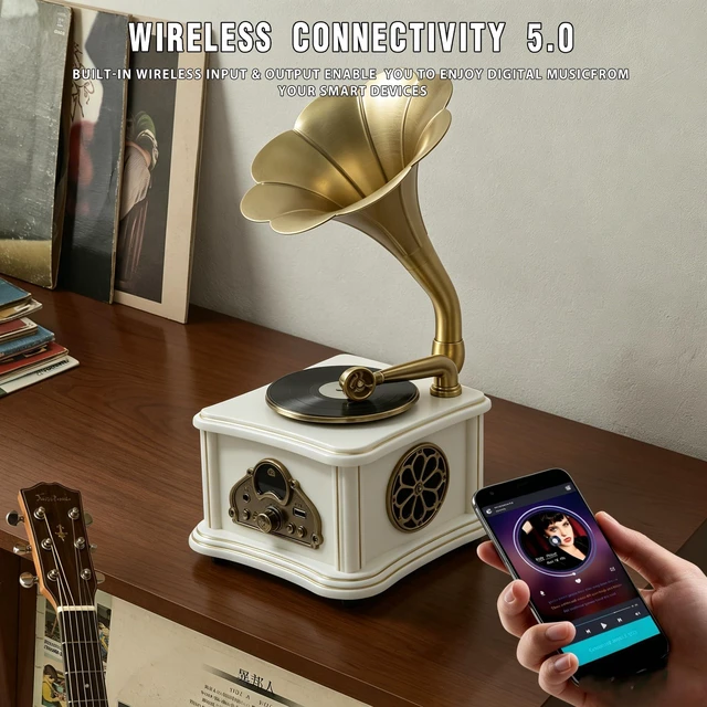 Alt view image 5 of 7 - White Vintage Gramophone Recorder, Decorative Turntable with BT/USB Headphone Connection, HiFi, Handcrafted by Pure OakGreat for Music Player, Home Decor, Retro Collection/Classic Gift (RT-132)