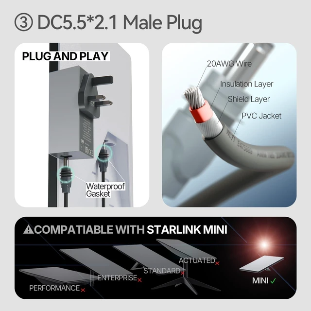 Alt view image 5 of 5 - Starlink Mini Cable with Waterproof Silicone Ring, Starlink Mini Cord Starlink Mini Power Cable Compatible with Outdoor 3-in-1 to DC Accessories for Starlink Mini Car Adapter (16.4FT/5M)