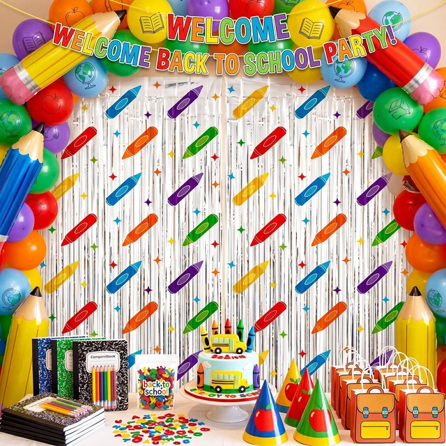Alt view image 2 of 7 - 4 Pack Back to School Party Decoration Crayon Foil Fringe Curtain Backdrop 3.3x6.6ft, Preschool Kindergarten School Classroom Decor, Photo Booth Backdrop, Metallic Tinsel Streamer with Colorful Crayon
