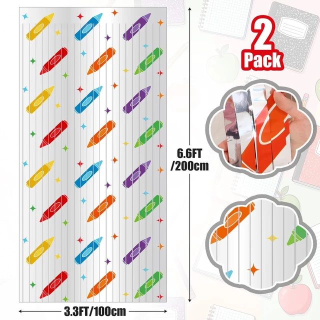 Alt view image 3 of 7 - 4 Pack Back to School Party Decoration Crayon Foil Fringe Curtain Backdrop 3.3x6.6ft, Preschool Kindergarten School Classroom Decor, Photo Booth Backdrop, Metallic Tinsel Streamer with Colorful Crayon