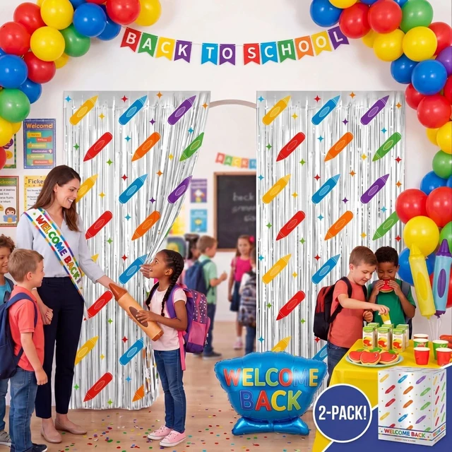 Alt view image 6 of 7 - 4 Pack Back to School Party Decoration Crayon Foil Fringe Curtain Backdrop 3.3x6.6ft, Preschool Kindergarten School Classroom Decor, Photo Booth Backdrop, Metallic Tinsel Streamer with Colorful Crayon