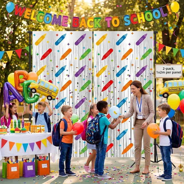 Alt view image 5 of 7 - 4 Pack Back to School Party Decoration Crayon Foil Fringe Curtain Backdrop 3.3x6.6ft, Preschool Kindergarten School Classroom Decor, Photo Booth Backdrop, Metallic Tinsel Streamer with Colorful Crayon