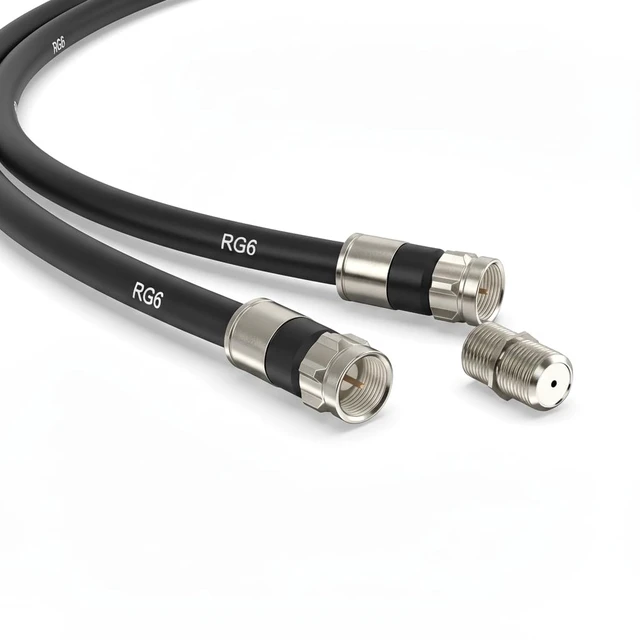 Main image of RG6 Coaxial Cable with F Connector and Extension Coupler, Weather-Sealed Double Rubber O-Ring, High-Speed Internet, Broadband and Digital TV Antenna, Satellite Cable Extension (Black, 50 FT)
