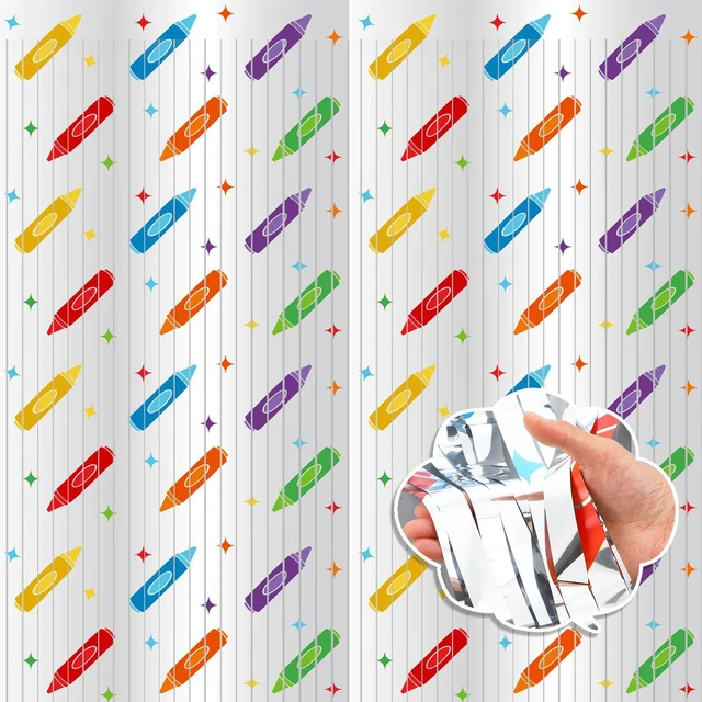 Alt view image 7 of 7 - 4 Pack Back to School Party Decoration Crayon Foil Fringe Curtain Backdrop 3.3x6.6ft, Preschool Kindergarten School Classroom Decor, Photo Booth Backdrop, Metallic Tinsel Streamer with Colorful Crayon