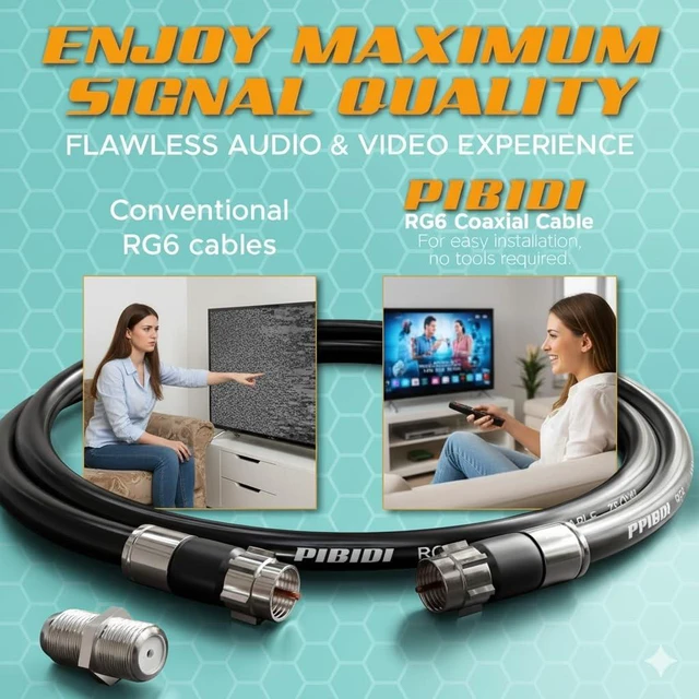 Alt view image 4 of 7 - RG6 Coaxial Cable with F Connector and Extension Coupler, Weather-Sealed Double Rubber O-Ring, High-Speed Internet, Broadband and Digital TV Antenna, Satellite Cable Extension (Black, 50 FT)