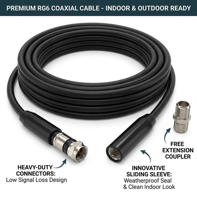 Alt view image 7 of 7 - RG6 Coaxial Cable with F Connector and Extension Coupler, Weather-Sealed Double Rubber O-Ring, High-Speed Internet, Broadband and Digital TV Antenna, Satellite Cable Extension (Black, 50 FT)