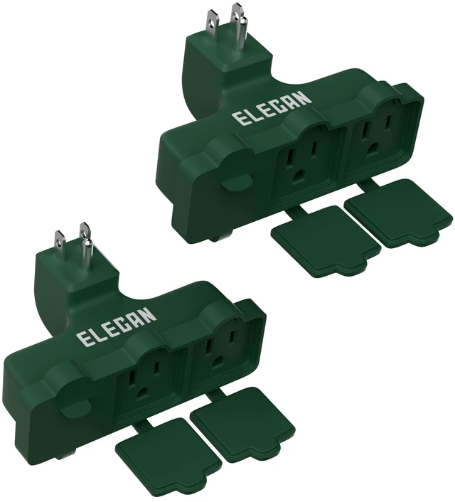 Main image of 3-Outlet Wall Plug Adapter Green 2 Pack,Heavy Duty Outdoor Power Splitter,Weatherproof Multi Outlet Extender with Safe Cover,3-Prong Grounded Plug,Ideal for Holiday, Home and Office,EL ETL