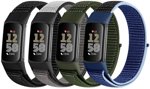 Main image of 4 Pack Nylon Watch Bands Compatible with Fitbit Charge 6/Fitbit Charge 5, Adjustable Breathable Replacement Nylon Wristband Fitbit Charge 5 Charge 6 Sport Strap for Women Men