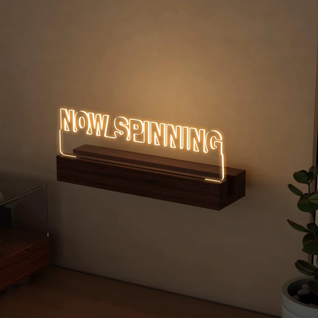 Alt view image 2 of 7 - Light up Now Spinning Vinyl Record Stand Wall Mount, Now Playing Record Player Stand, Wooden Acrylic Holder for Vinyl Album Display and Storage with Warm White Color Lights