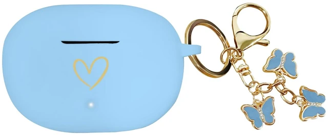 Main image of Compatible with Beats Studio Buds 2021, Soft Silicone Case with Gold Heart Pattern for Beats Studio Buds Case with Cute Butterfly Keychain for Girls Women (Sky Blue)