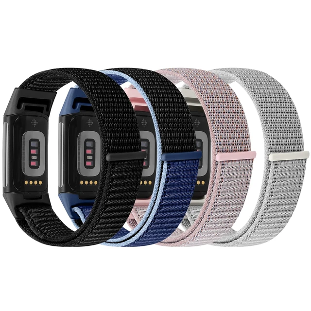 Alt view image 2 of 7 - 4 Pack Nylon Watch Bands Compatible with Fitbit Charge 6/Fitbit Charge 5, Adjustable Breathable Replacement Nylon Wristband Fitbit Charge 5 Charge 6 Sport Strap for Women Men
