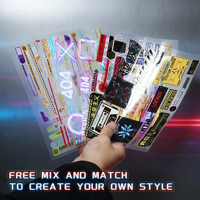 Alt view image 2 of 6 - 94 Pcs Futuristic Punk Stickers Set, Water-Resistant Vinyl Decals Fade-Resistant Printing, for Laptops, Water Bottles, Notebooks, Refrigerators, Skateboards, Punk Mask, Gift for Cyber Lovers