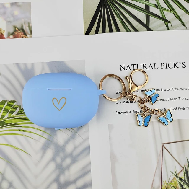 Alt view image 5 of 7 - Compatible with Beats Studio Buds 2021, Soft Silicone Case with Gold Heart Pattern for Beats Studio Buds Case with Cute Butterfly Keychain for Girls Women (Sky Blue)
