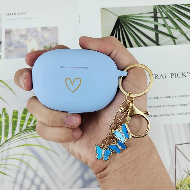 Alt view image 6 of 7 - Compatible with Beats Studio Buds 2021, Soft Silicone Case with Gold Heart Pattern for Beats Studio Buds Case with Cute Butterfly Keychain for Girls Women (Sky Blue)
