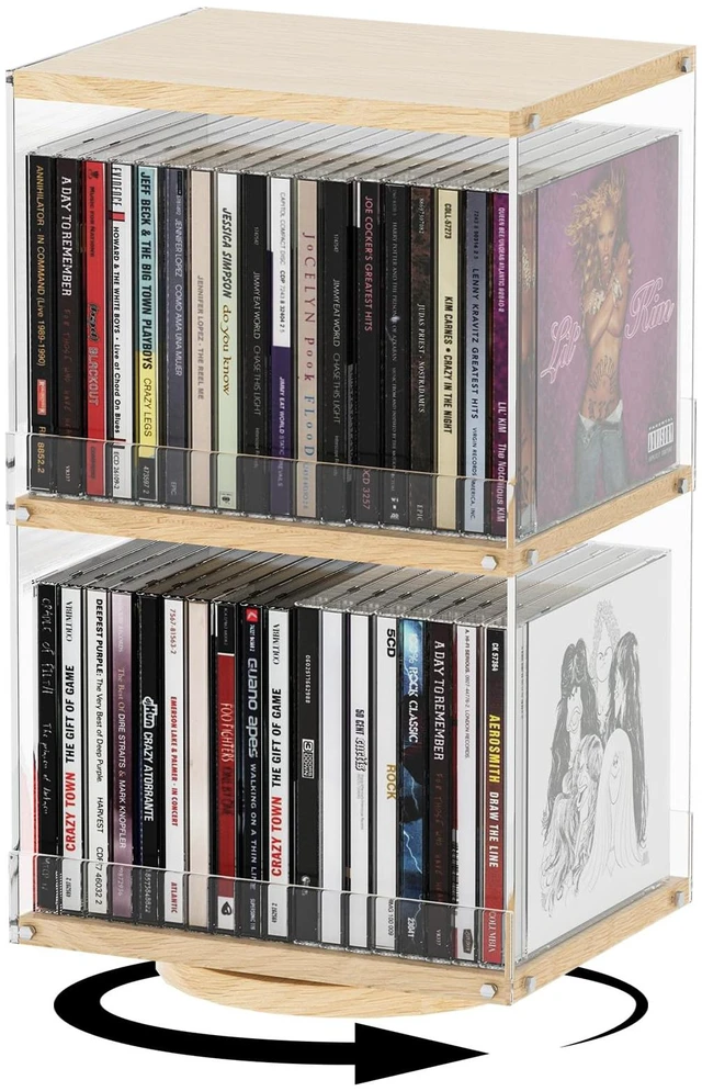 Main image of 2-Tier Rotating CD Tower, 40 Capacity Rotating CD Storage Rack Wood & Acrylic, Open-Side Design & Anti-Fall Guard for Living Room Office Modern Industrial Display