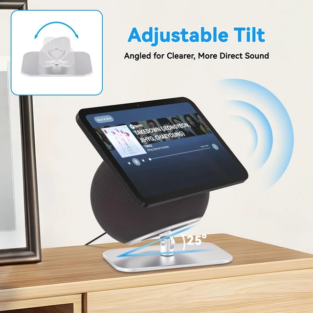 Alt view image 5 of 7 - Adjustable Stand for Echo Show 8/11(2025 Release), Tilt and Swivel Solid Aluminum Holder, Minimalist Desktop Design, Anti-Slip Table Stand Without Blocking Audio, Ready to Use, Silver