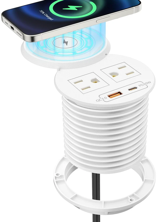 Main image of PD 20W USB C Desk Power Grommet with 15W Wireless Charger Cover, 3-1/8'' Recessed Power Strip with 18W USB A and 2 AC Outlets,Hidden Power Outlets with 6FT Cords for Office, Home, Conference(White)