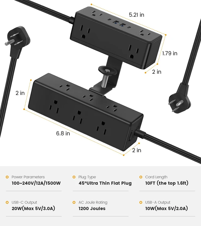 Alt view image 7 of 7 - Dual Layer Desk Clamp Power Strip, 13 Outlets, 20W USB-C, 10FT Cord 1200J Surge Protection, Edge Mount Clamp Fits 2.15" Desk Edge, Home Office Workstation, Black, ETL Listed