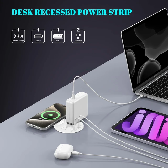 Alt view image 2 of 7 - PD 20W USB C Desk Power Grommet with 15W Wireless Charger Cover, 3-1/8'' Recessed Power Strip with 18W USB A and 2 AC Outlets,Hidden Power Outlets with 6FT Cords for Office, Home, Conference(White)