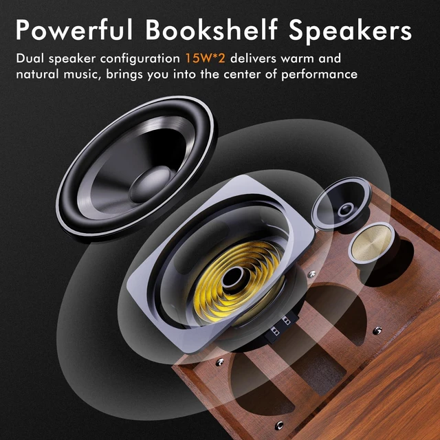 Alt view image 2 of 7 - Vinyl Record Player with 2 External Speakers, Bluetooth in, Brown 3-speed belt drive, auto stop, RCA output and AUX input, vintage wood stereo décor for living rooms, bedrooms and gifting