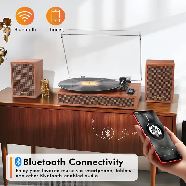 Alt view image 3 of 7 - Vinyl Record Player with 2 External Speakers, Bluetooth in, Brown 3-speed belt drive, auto stop, RCA output and AUX input, vintage wood stereo décor for living rooms, bedrooms and gifting