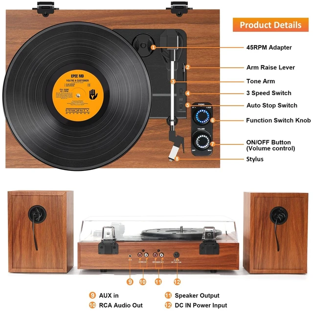 Alt view image 5 of 7 - Vinyl Record Player with 2 External Speakers, Bluetooth in, Brown 3-speed belt drive, auto stop, RCA output and AUX input, vintage wood stereo décor for living rooms, bedrooms and gifting