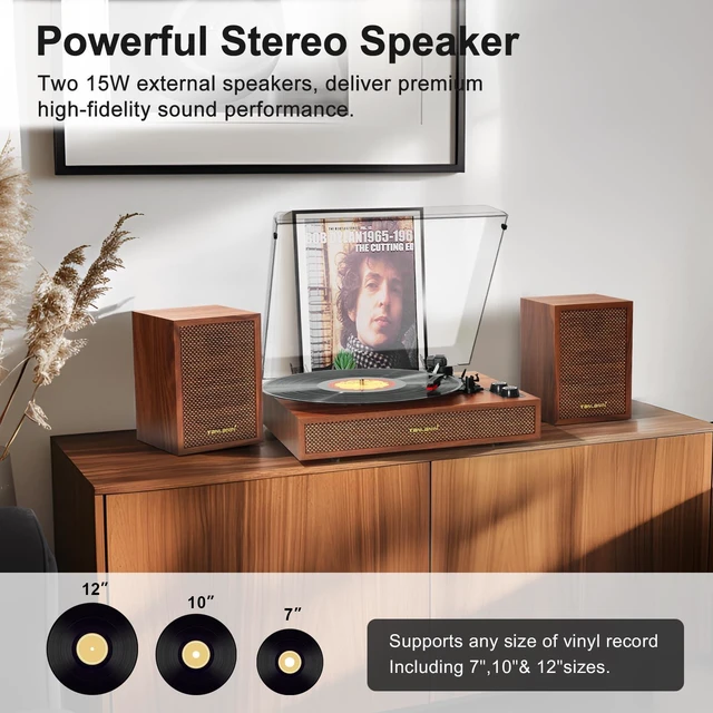 Alt view image 4 of 7 - Vinyl Record Player with 2 External Speakers, Bluetooth in, Brown 3-speed belt drive, auto stop, RCA output and AUX input, vintage wood stereo décor for living rooms, bedrooms and gifting
