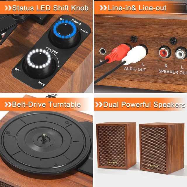 Alt view image 7 of 7 - Vinyl Record Player with 2 External Speakers, Bluetooth in, Brown 3-speed belt drive, auto stop, RCA output and AUX input, vintage wood stereo décor for living rooms, bedrooms and gifting