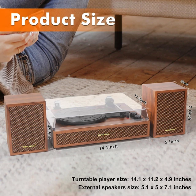 Alt view image 6 of 7 - Vinyl Record Player with 2 External Speakers, Bluetooth in, Brown 3-speed belt drive, auto stop, RCA output and AUX input, vintage wood stereo décor for living rooms, bedrooms and gifting