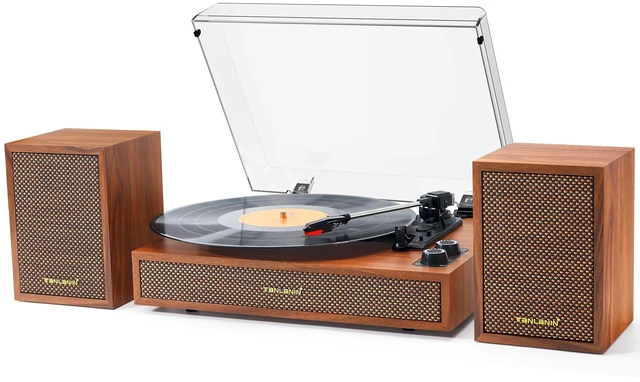 Main image of Vinyl Record Player with 2 External Speakers, Bluetooth in, Brown 3-speed belt drive, auto stop, RCA output and AUX input, vintage wood stereo décor for living rooms, bedrooms and gifting