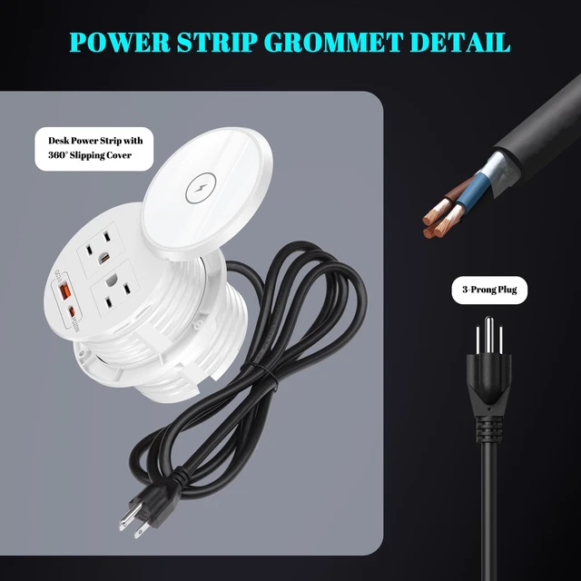 Alt view image 5 of 7 - PD 20W USB C Desk Power Grommet with 15W Wireless Charger Cover, 3-1/8'' Recessed Power Strip with 18W USB A and 2 AC Outlets,Hidden Power Outlets with 6FT Cords for Office, Home, Conference(White)