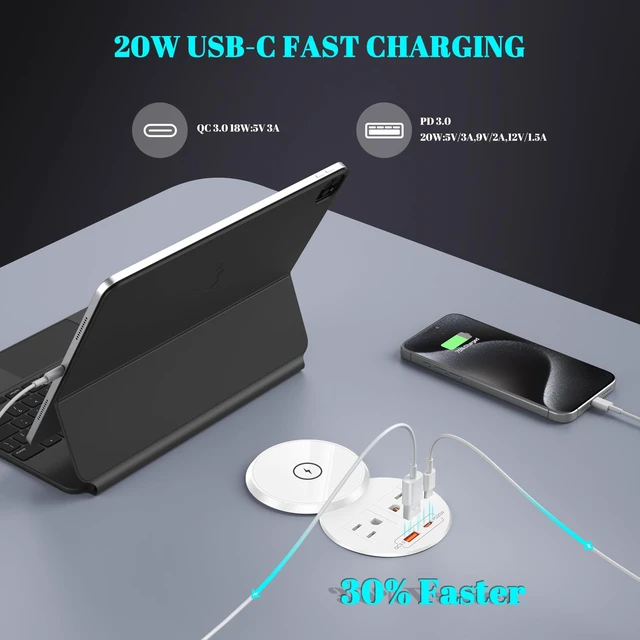 Alt view image 4 of 7 - PD 20W USB C Desk Power Grommet with 15W Wireless Charger Cover, 3-1/8'' Recessed Power Strip with 18W USB A and 2 AC Outlets,Hidden Power Outlets with 6FT Cords for Office, Home, Conference(White)