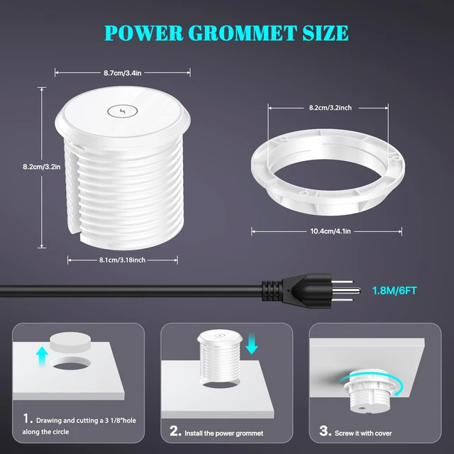 Alt view image 6 of 7 - PD 20W USB C Desk Power Grommet with 15W Wireless Charger Cover, 3-1/8'' Recessed Power Strip with 18W USB A and 2 AC Outlets,Hidden Power Outlets with 6FT Cords for Office, Home, Conference(White)