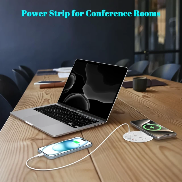 Alt view image 7 of 7 - PD 20W USB C Desk Power Grommet with 15W Wireless Charger Cover, 3-1/8'' Recessed Power Strip with 18W USB A and 2 AC Outlets,Hidden Power Outlets with 6FT Cords for Office, Home, Conference(White)