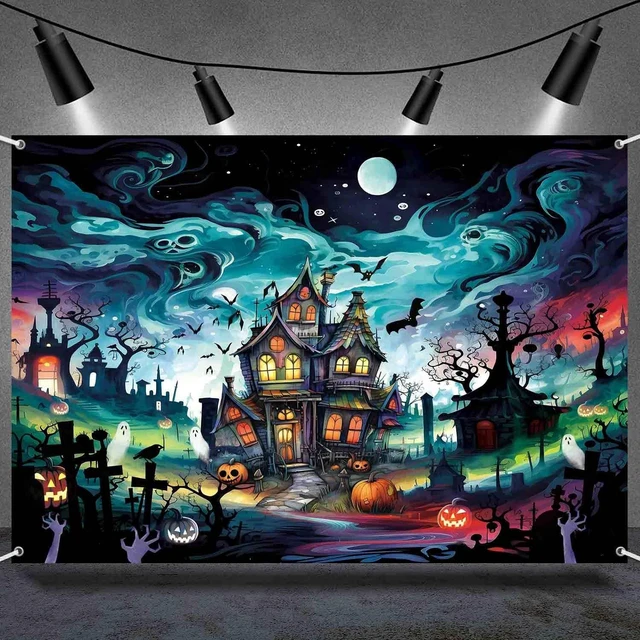 Alt view image 2 of 7 - 7x5ft Horror Halloween Backdrop Spooky Haunted House Banner Monster Cemetery Graveyard Photography Background Scary Halloween Party Decorations Indoor Outdoor Wall Decor for Kids