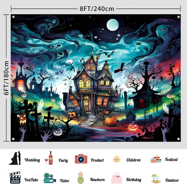 Alt view image 3 of 7 - 8x6ft Scary Halloween Backdrop Graveyard Haunted House Photography Background for Kids Large Horror Halloween Party Decorations Indoor Outdoor Wall Banner Photo Booth Props