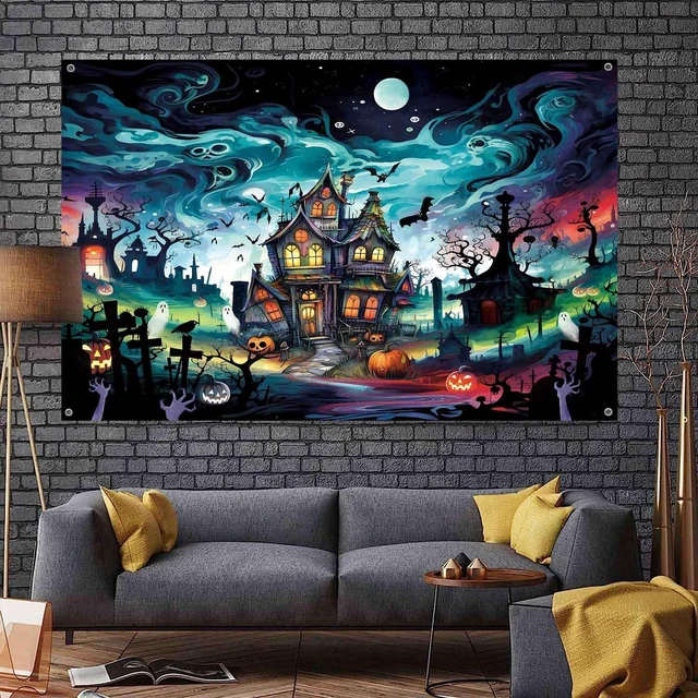 Alt view image 5 of 7 - 7x5ft Horror Halloween Backdrop Spooky Haunted House Banner Monster Cemetery Graveyard Photography Background Scary Halloween Party Decorations Indoor Outdoor Wall Decor for Kids
